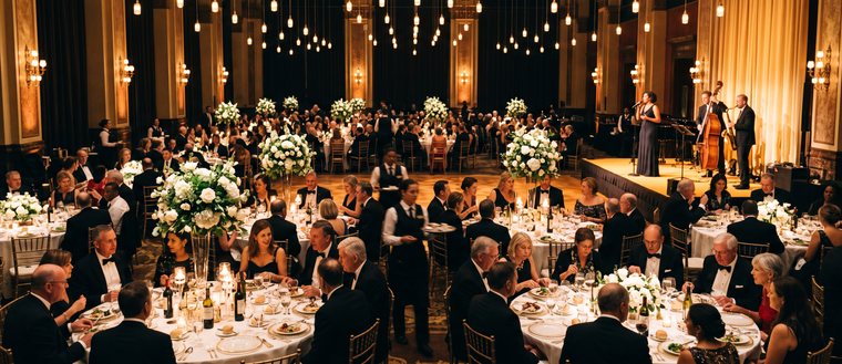 Gala-Dinner in einem großen Saal: mehrere Dutzend Gäste an festlich gedeckten runden Tischen, im Hintergrund eine Bühne mit Musikerinnen und Musikern