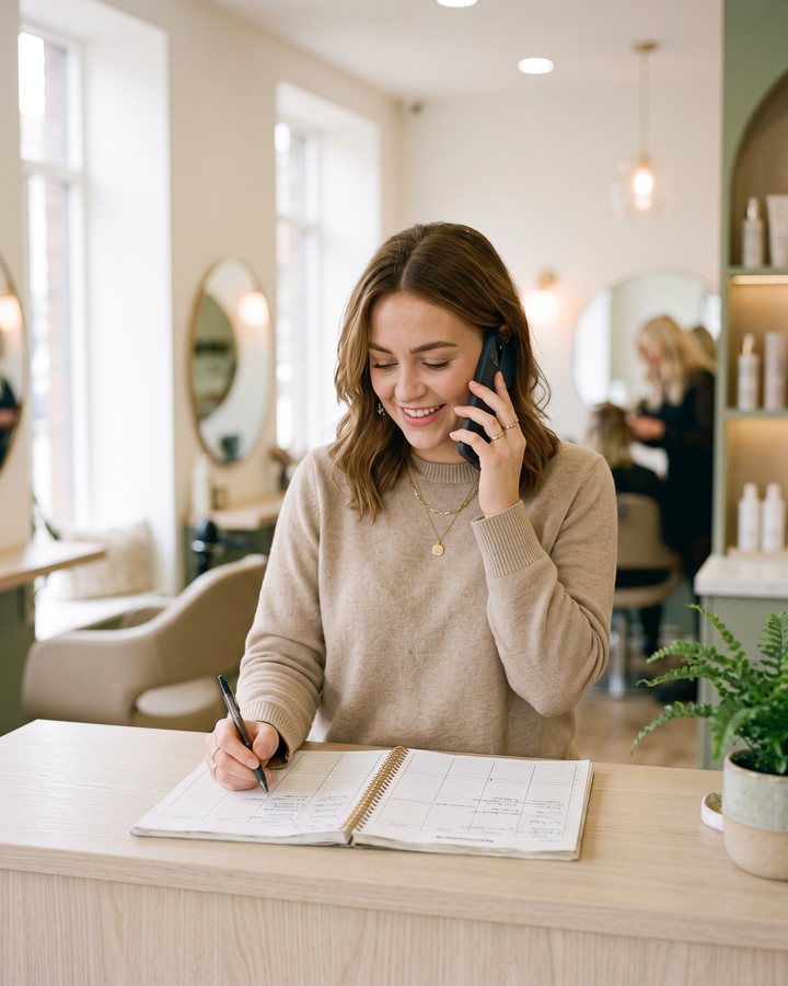 Friseurin am Empfangstresen eines hellen Salons nimmt telefonisch einen Termin entgegen und trägt ihn mit dem Stift in den Papier-Terminplaner ein